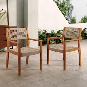 Veralis Outdoor Patio Braided Rope Dining Chairs, Acacia Wood, Teak Plus Light Brown, (Set of 2)