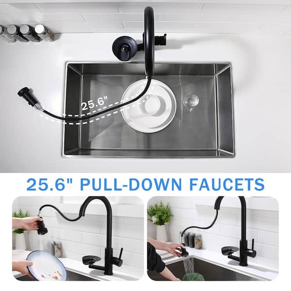 3-in-1 Matte Black Kitchen Faucet with Glass Rinser, Pull-Down Sprayer, 3 Modes High Arc Single Handle Sink Faucet