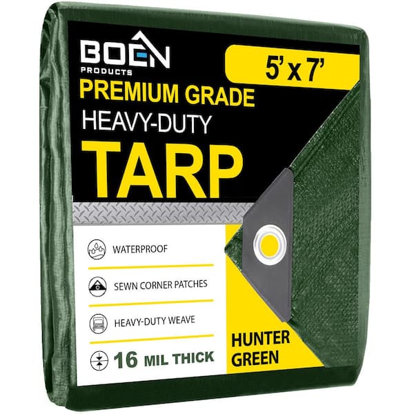 BOEN 12 ft. x 20 ft. Green Ultra Heavy-Duty 16 Mil Thick Hunter Tarp Cover, Waterproof, Tear Proof and UV Resistant