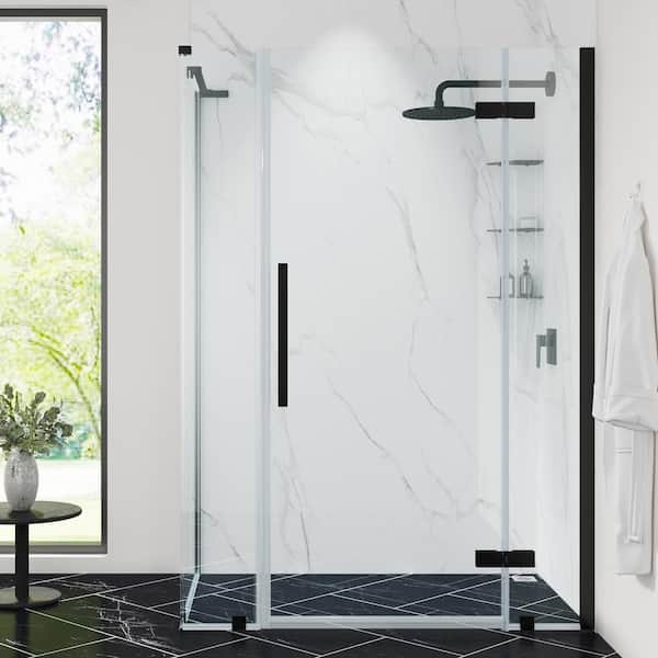 OVE Decors Tampa 44 13/16 in. W x 72 in. H Rectangular Pivot Frameless Corner Shower Enclosure in Black with Shelves