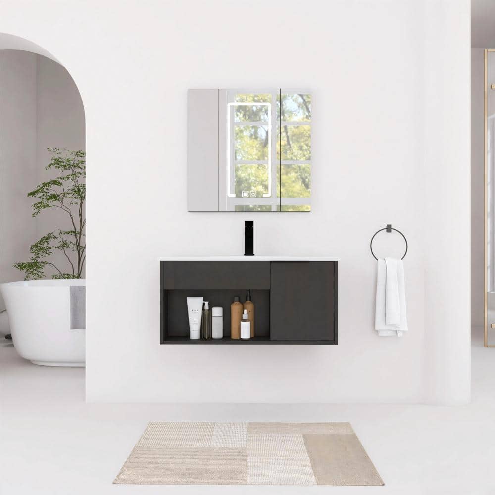 30 Inch Wall-Mounted Bathroom Vanity with Ceramic Sink and Open Shelf, Modern Dark Oak price history on PriceWatchPro