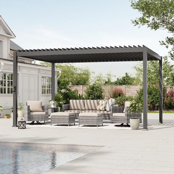 10 ft. x 13 ft. Modern Steel Louvered Pergola Outdoor Pergola with Adjustable Roof for Backyard, Charcoal Gray