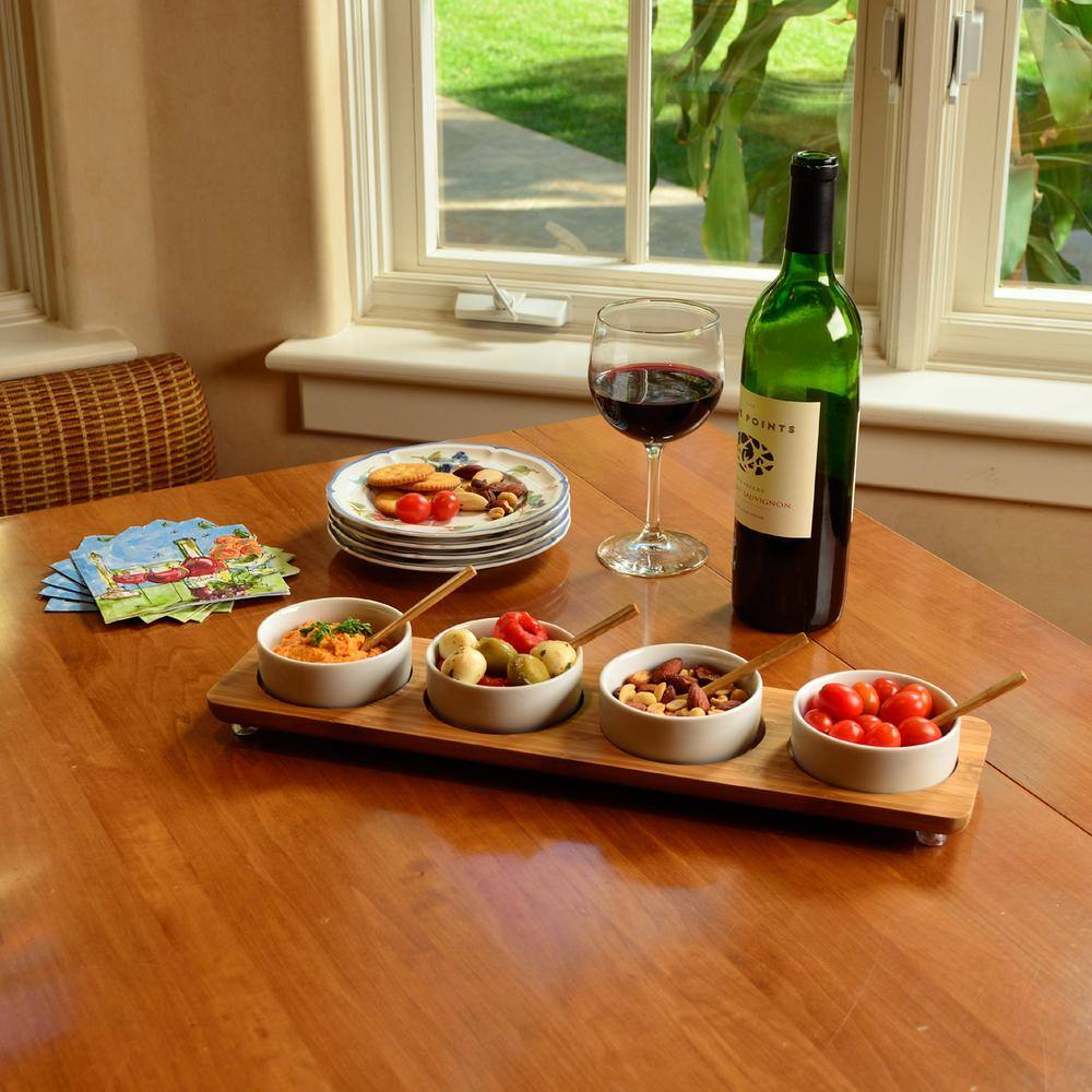 Bamboo Rectangular Serving Platter with Four Ceramic Bowls