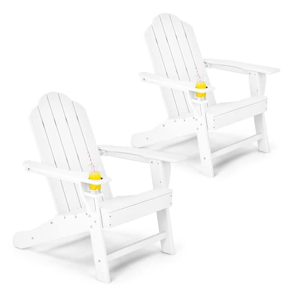 Costway White Plastic Patio Adirondack Chair Weather-Resistant Garden Deck with Cup Holder (2-Pieces)