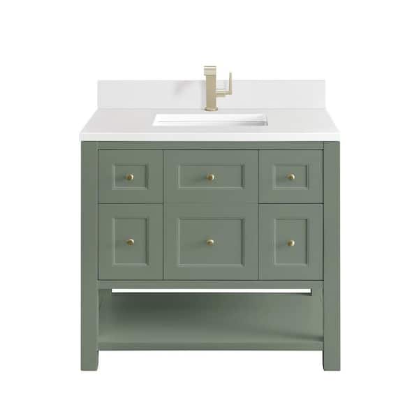 James Martin Vanities Breckenridge 36.0 in. W x 23.5 in. D x 34.2 in. H Single Bathroom Vanity in Smokey Celadon with White Zeus Quartz Top