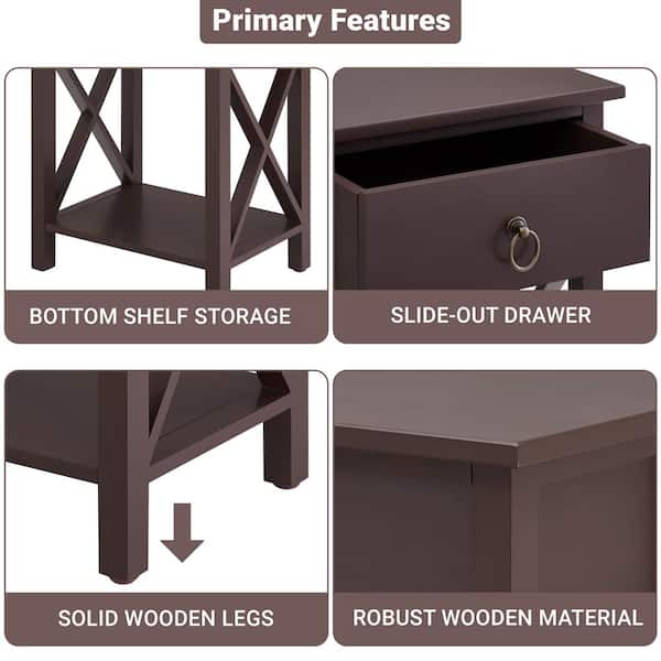 Store Solid Wood End Table with Storage Espresso Brown