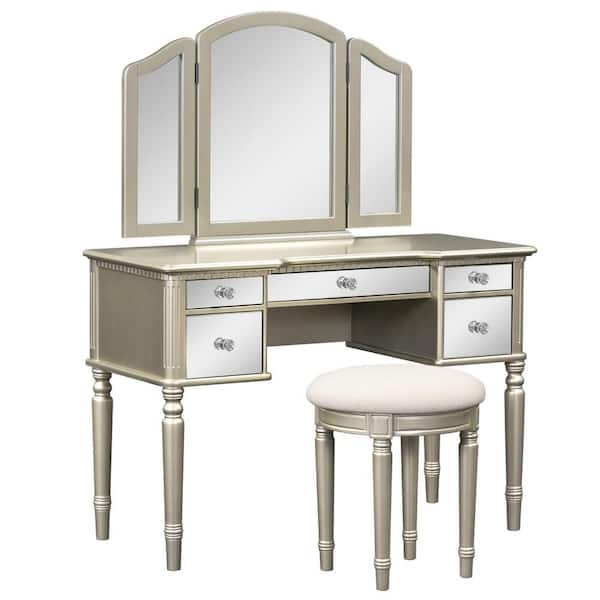 Polibi Gold 43 in. Dressing Table Set with Mirrored Drawers and Stool, Makeup Vanity Set