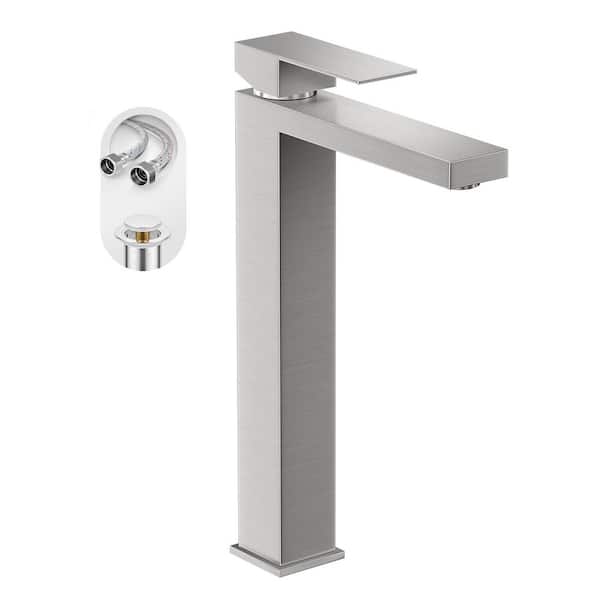 Brushed Nickel Single Hole Tall Vessel Bathroom Sink Faucet, 1-Hole Single Handle Modern Bathroom Faucet