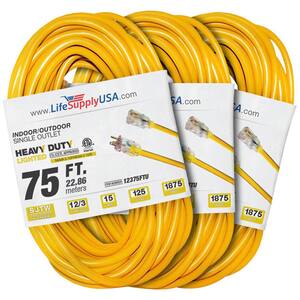 75 ft 12 Gauge/3 Conductors SJTW Indoor/Outdoor Extension Cord with Lighted End Yellow (3 Pack)