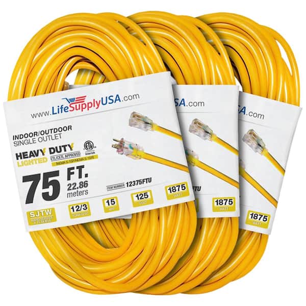 LifeSupplyUSA 75 ft. 12 Gauge/3 Conductors SJTW Indoor/Outdoor Extension Cord with Lighted End Yellow (3-Pack)