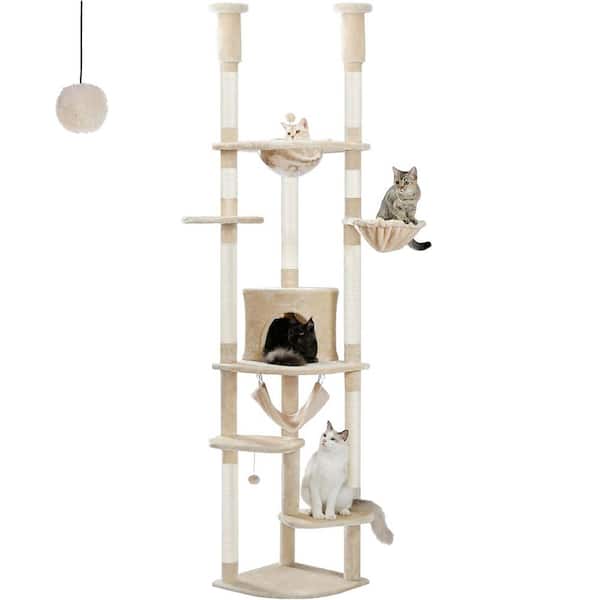 ATENGNES 92.9''-101.6'' Beige Height Adjustable Floor to Ceiling Cat Tower Tree Tall Kitty Climbing Play House