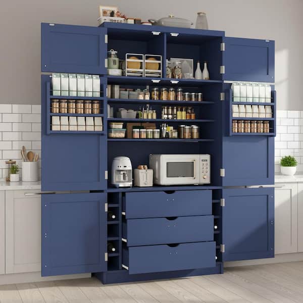 80.1 in. Tall Blue MDF Freestanding Kitchen Pantry with 2-Power Outlets, Adjustable Shelves and Door Shelves