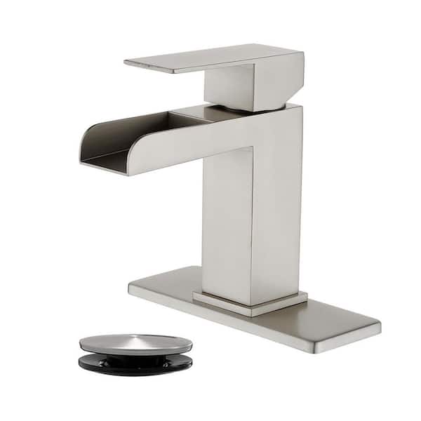 Arc Waterfall Single Handle Single Hole Bathroom Faucet with Drain Kit Included in Nickel