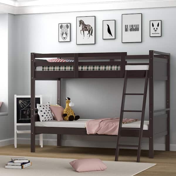 Twin Over Espresso Twin Bunk Bed Convertible 2 Individual Beds Wooden