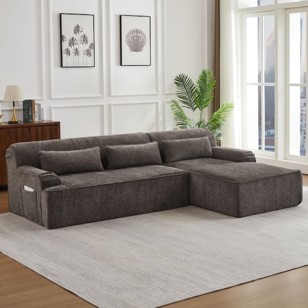 Denley 102.4 in. Chenille Upholstered L-Shaped Compressed Sectional Sofa in. Brown with Side Pockets