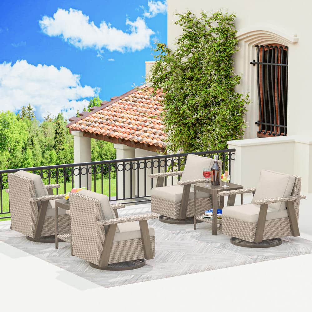 6-Piece Wicker 4-seat Outdoor Patio Conversation Set with Beige Cushions, 4 Swivel Chairs, and 2 Side Table