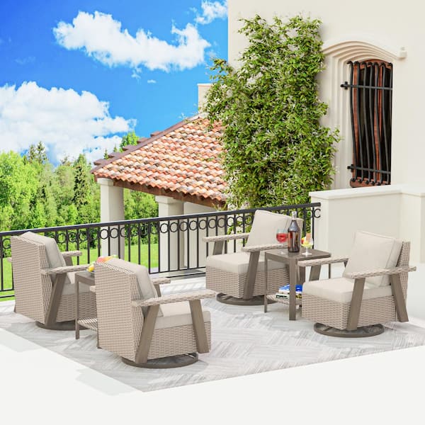 MeetLeisure 6-Piece Wicker 4-seat Outdoor Patio Conversation Set with Beige Cushions, 4 Swivel Chairs, and 2 Side Table