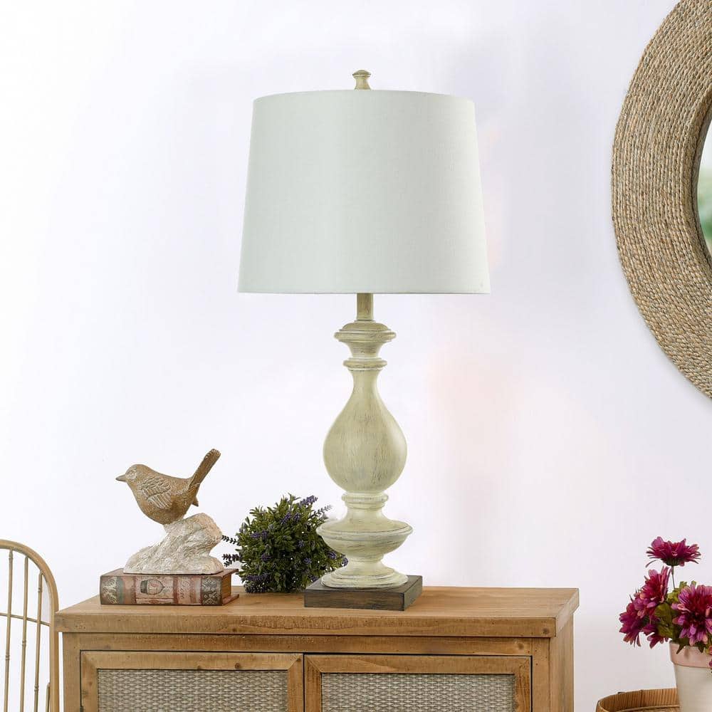 Taupe Polyresin Table Lamp with White Linen Shade