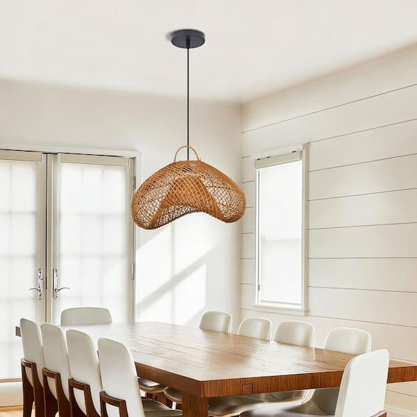 1-Light Warm Brown Hand-Woven Rattan Pendant Light with Scalloped Bowl Shape, No Bulbs Included 20 in.