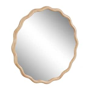 Natural 31 in. W x 31 in. H Solid Wood Round Wavy Wall Mirror for Bathroom, Bedroom, Cloakroom