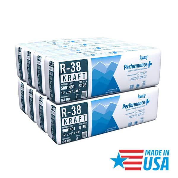 R38 Kraft Faced 24 in. x 48 in. Precut Fiberglass Insulation Batts for Floor, Attic - Sound-Reducing, USA Made (8-Bags)