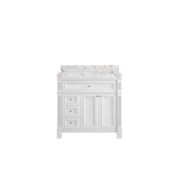 Willow Collections Paris 36 in. W x 22 in. D x 36 in. H Right Offset Sink Bath Vanity in White with 2 in. Viola Gold qt. Top