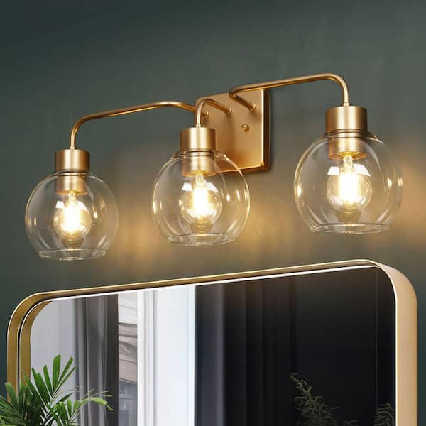 24.5 in. Modern Dark Gold Bathroom Vanity Light, Farmhouse 3-Light Bath Lighting for Mirror with Globe Clear Glass Shade