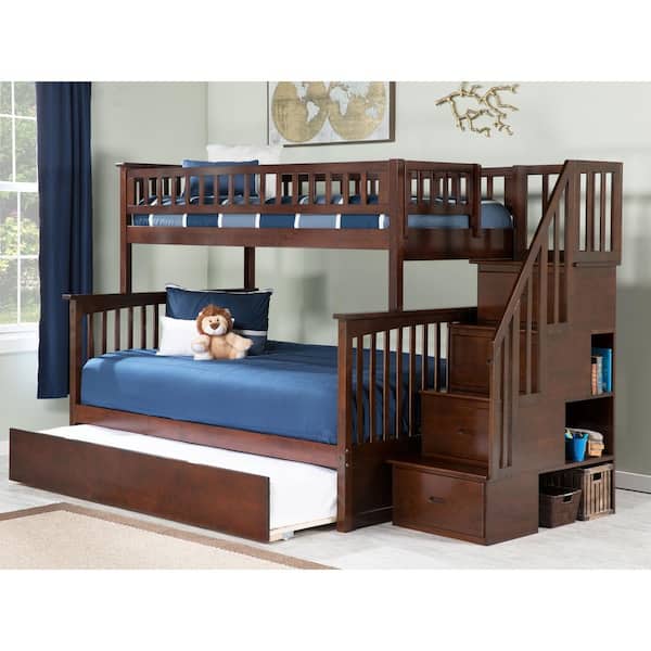 AFI Columbia Staircase Walnut Twin Over Full Bunk Bed with Twin Urban Trundle Bed