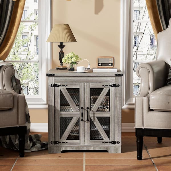 PAKASEPT 24 in. Gray Square Wood End Table With Charging Station, Mesh Barn Door, Night Stand Table, Sofa Side Table