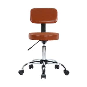 Faux Leather Adjustable Height Stool with Wheels and Backrest Chair 34.44 H in . Caramel with Non-Adjustable Arms