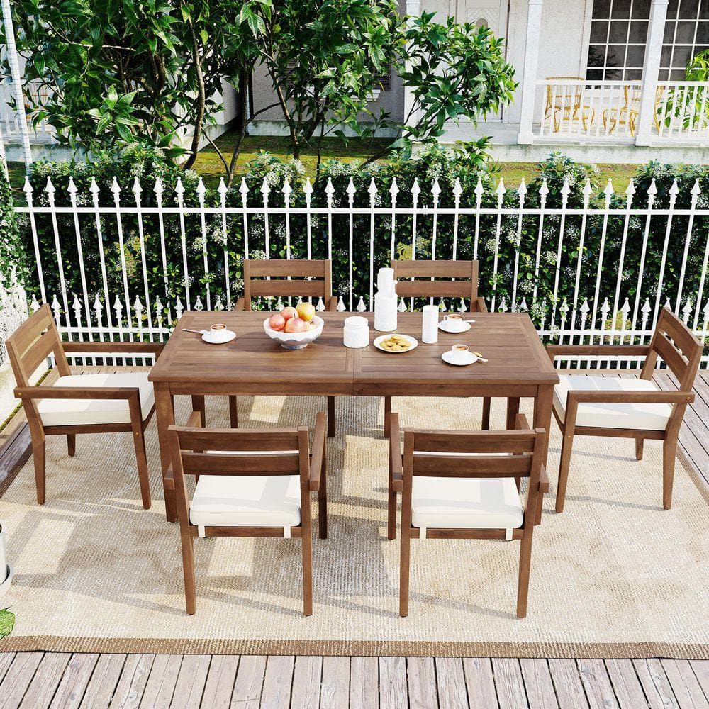 7-Piece Acacia Wood Outdoor Conversation Patio Furniture Set with Beige Cushions