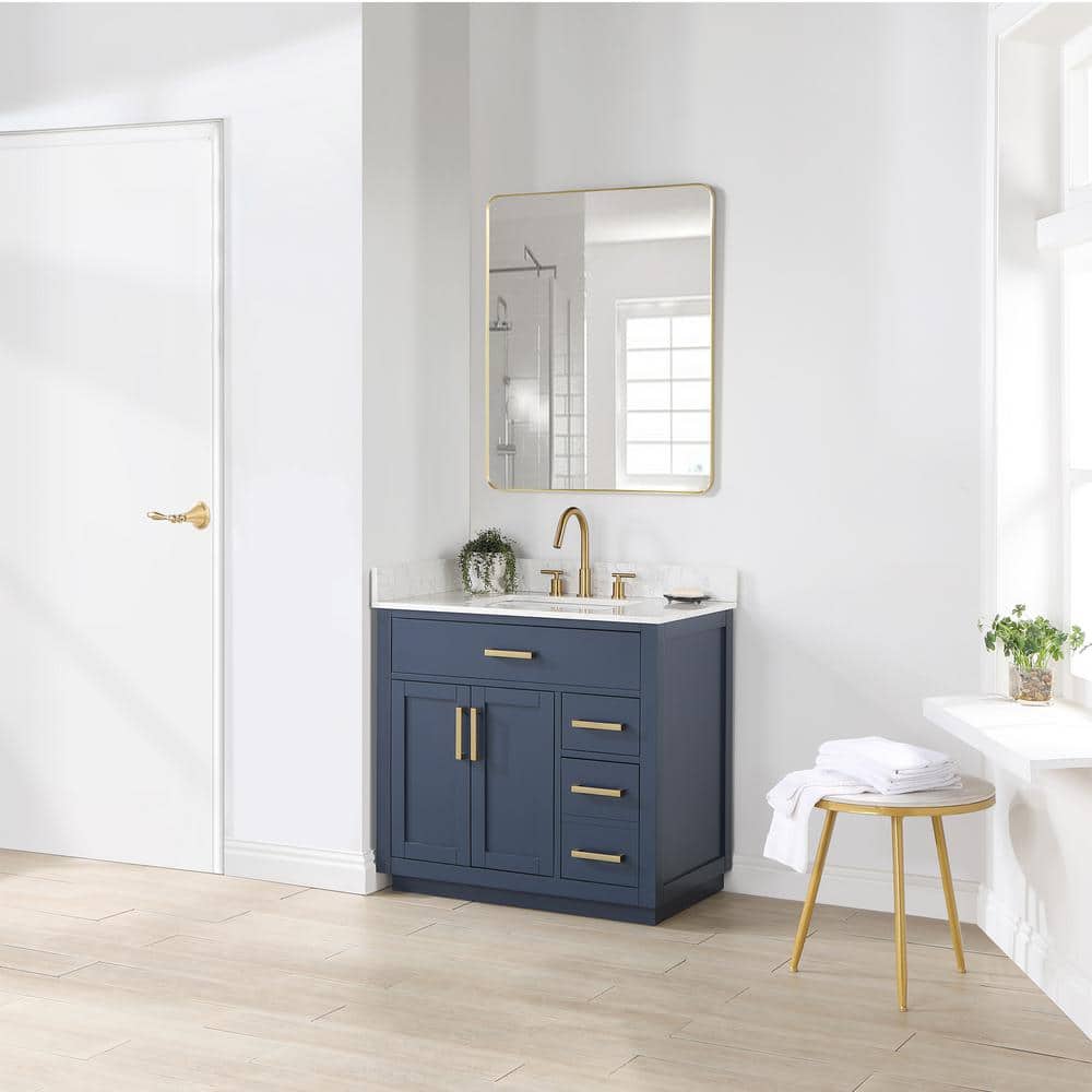 Royal Blue 36" Freestanding Vanity with Grain White Top & Gold Accents
