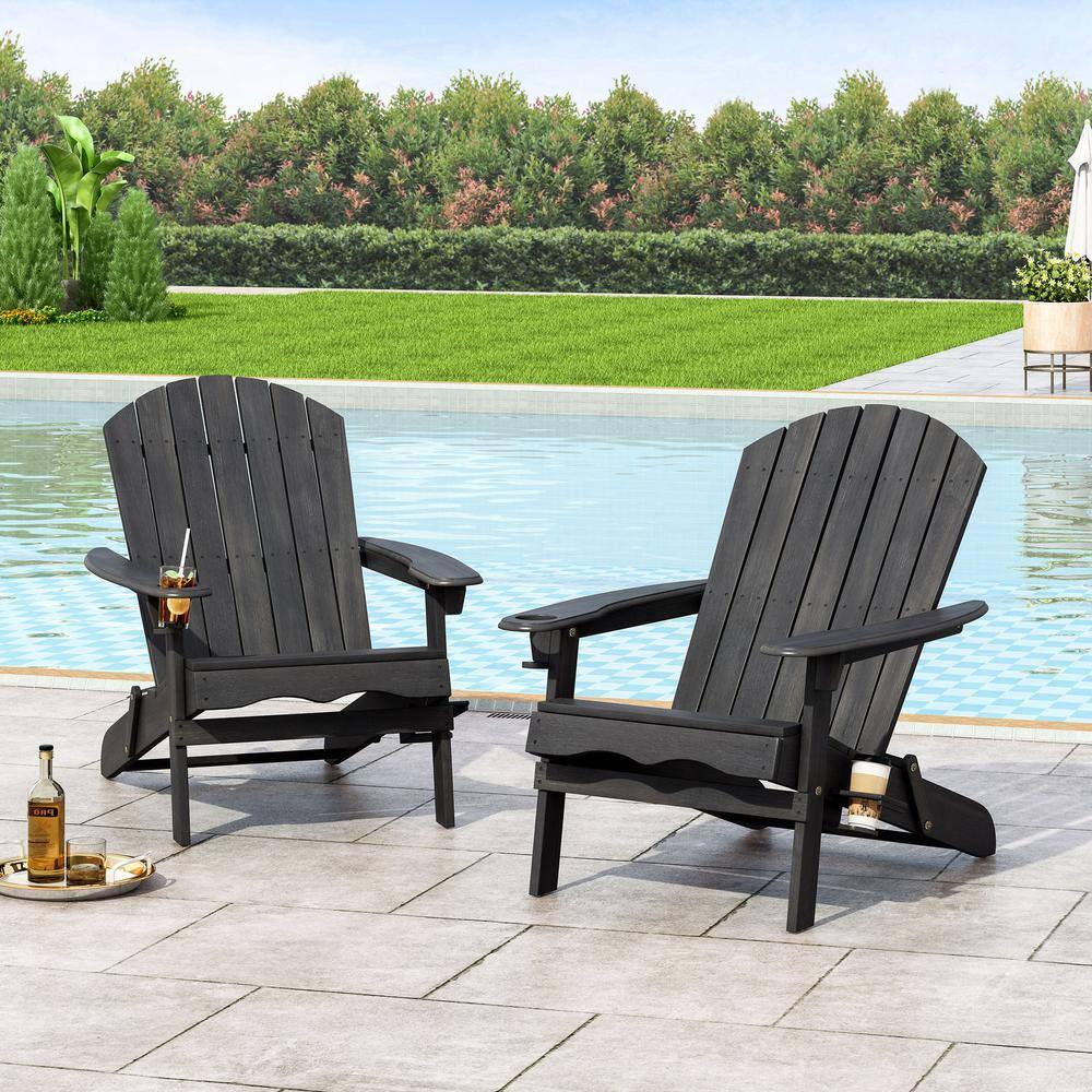 Rustic Dark Gray Acacia Wood Folding Adirondack Chair Pair