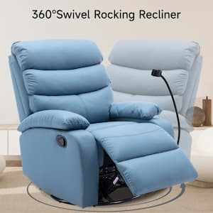 30.2 in. Blue Tech Faux Leather Swivel Rocker Recliner Chair, Manual Standard Recliner
