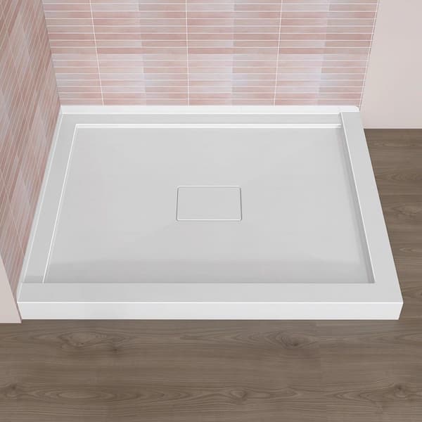 42 in. L x 34 in. W Corner Shower Pan Base Acrylic Shower Tray in White with Center Drain Hole and Magnetic Cover