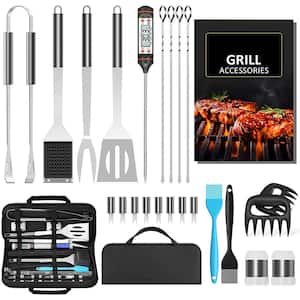 Outdoor 25-Piece BBQ Accessories Set with Thermometer, BBQ Tool Set, Camping, Kitchen and Party