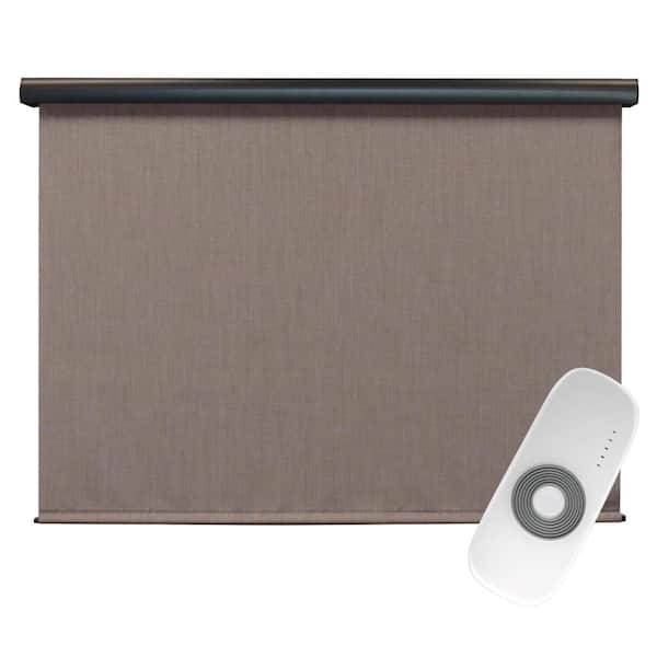 SeaSun Sea Cliff Light and Dark Brown Motorized Outdoor Patio Roller Shade with Valance 48 in. W x 96 in. L