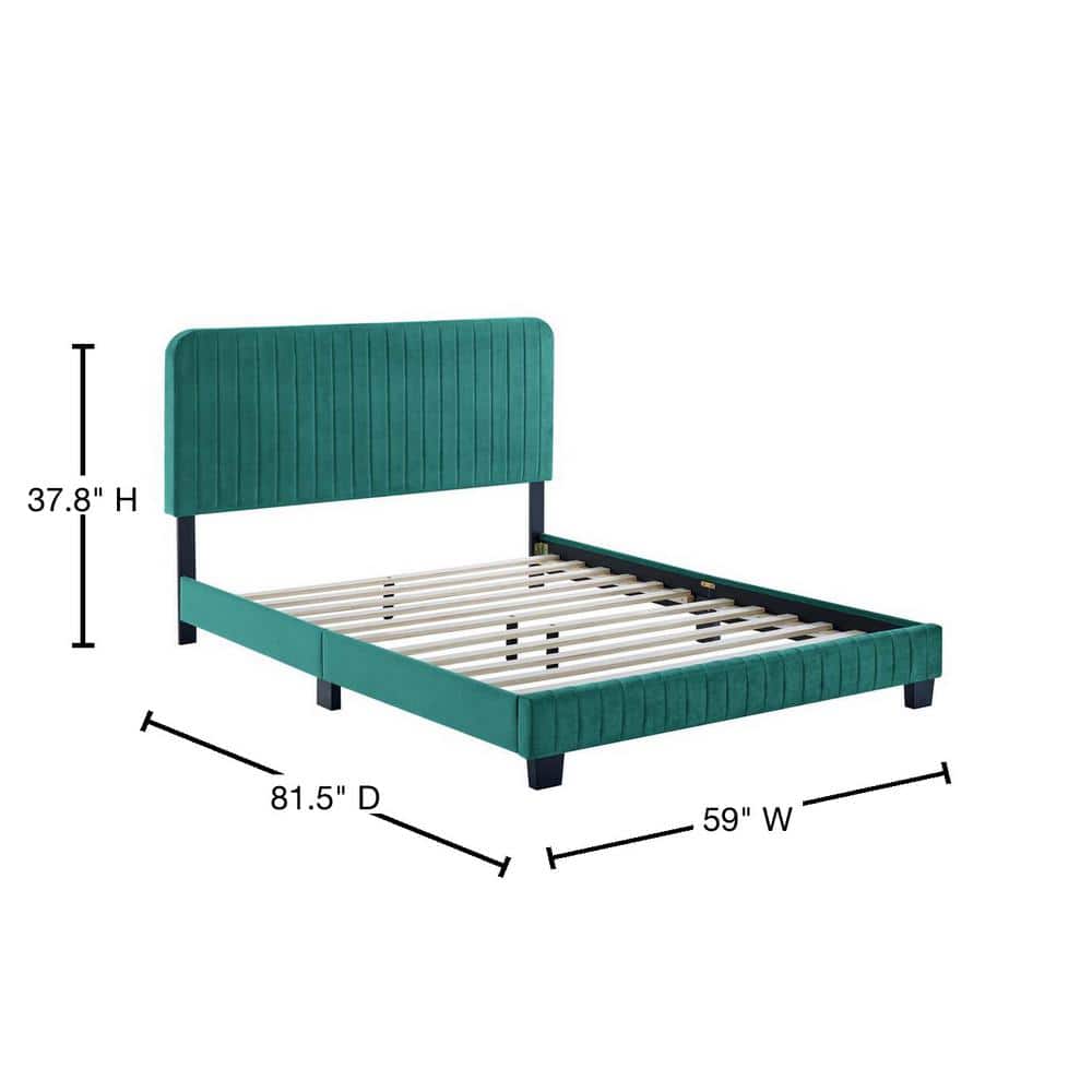 Luxe Glam Deco Teal Velvet Full Platform Bed with Channel Tufting