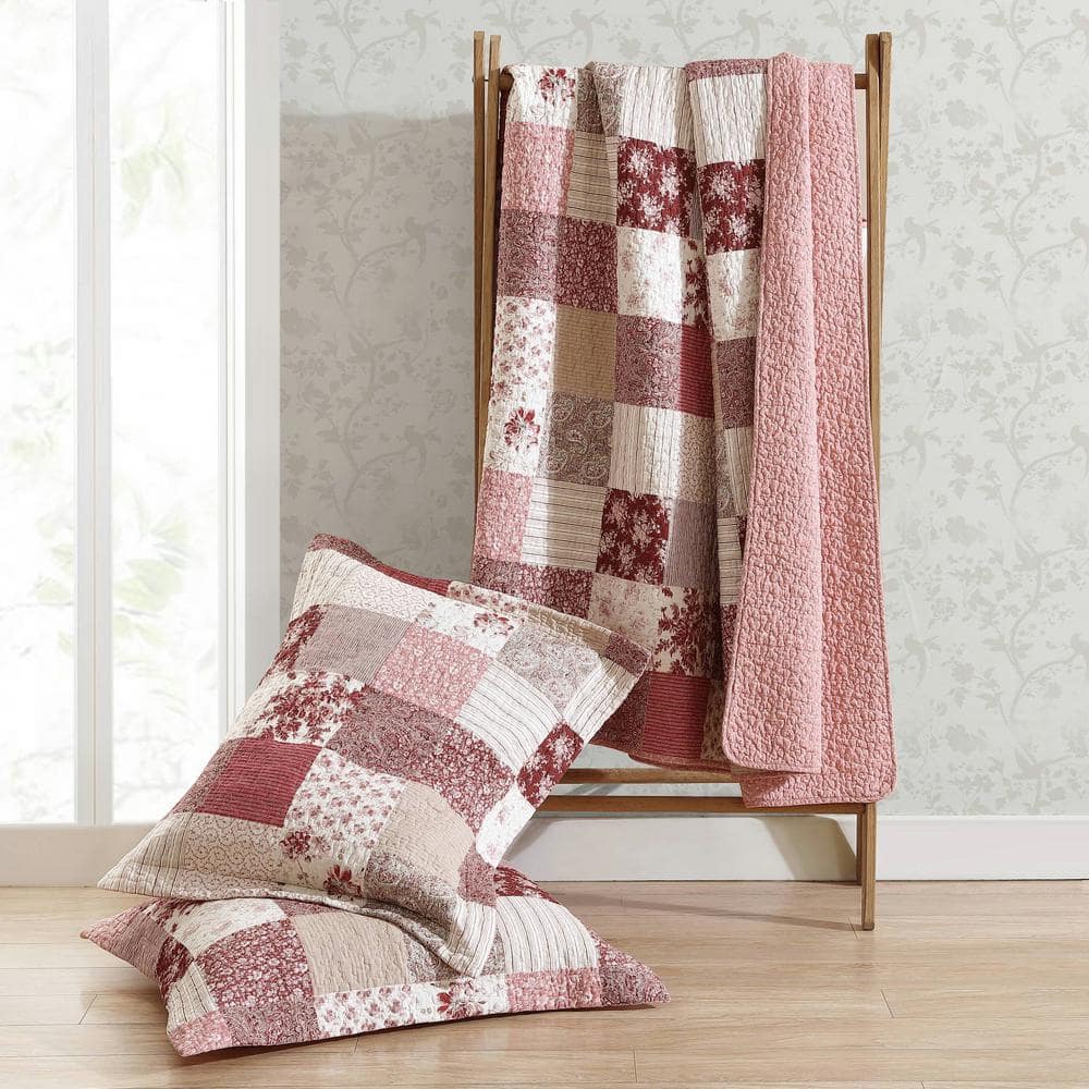 Celina Patchwork Red and Beige Cotton King Quilt Set