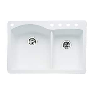 Diamond Dual-Mount Granite 33 in. 5-Hole 60/40 Double Bowl Kitchen Sink in White