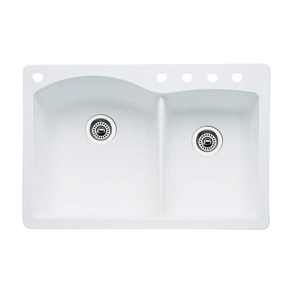 Blanco Diamond Dual-Mount Granite 33 in. 5-Hole 60/40 Double Bowl Kitchen Sink in White