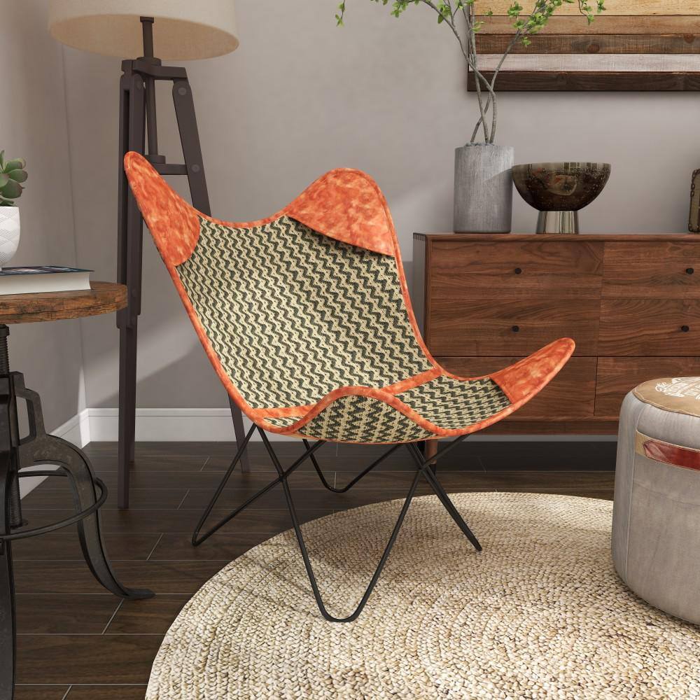 Zigzag Gray Leather Butterfly Accent Chair with Metal Frame