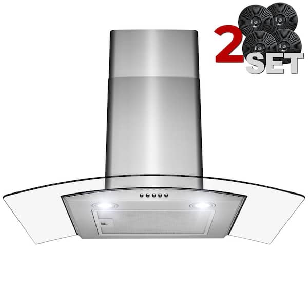 AKDY 30 in. 299 CFM Stainless Steel Wall Mount Range Hood with Tempered Glass, Push Button Control and 2 Set Carbon Filters