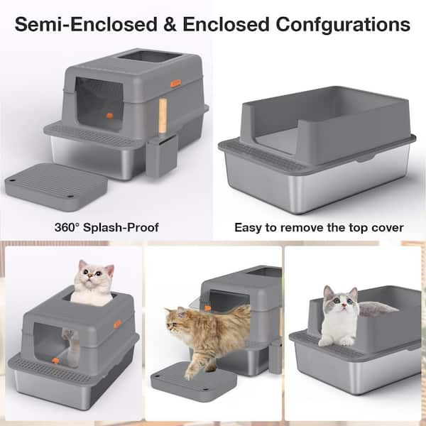 Angel SAR 23 in. x 15 in. x 15 in. Stainless Steel Litter Box with Lid Scoop and Filter Pedal for Big Cats