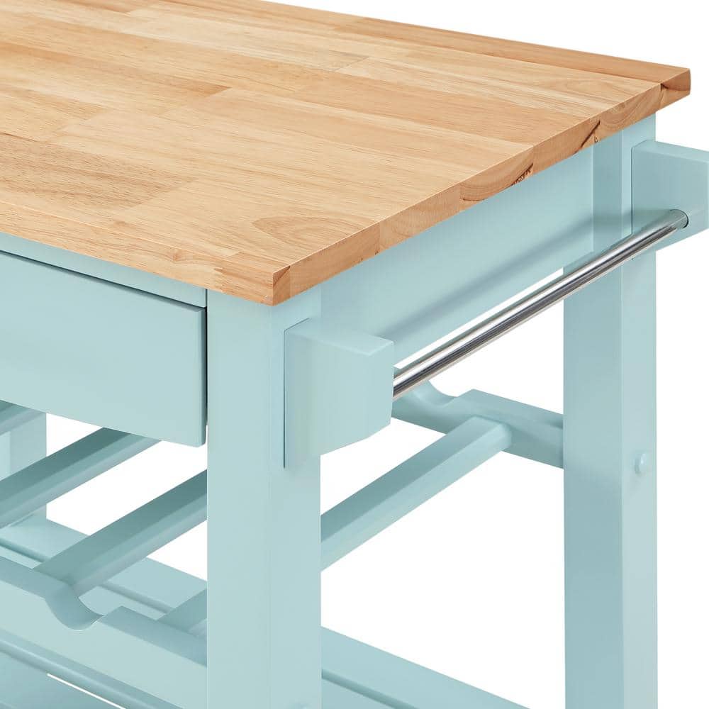 Sea Foam Blue Wood Butcher Block Kitchen Cart with Wine Rack
