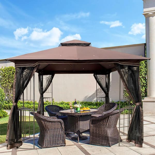 Daheat 10 ft. x 10 ft. Outdoor Patio Gazebo with Double Ventilated Roof and Mosquito Net in Brown