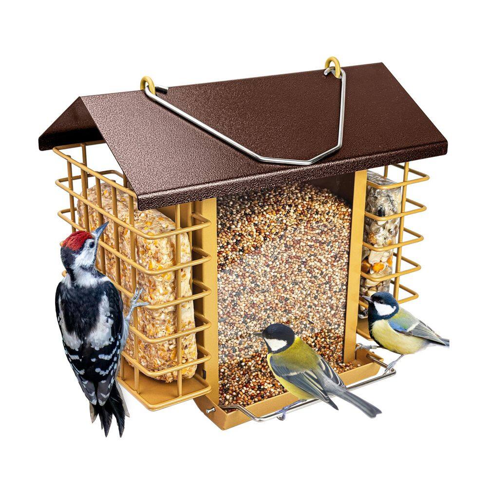 Coffee Roof Yellow Grid Metal Hanging Bird Feeder Weatherproof Roof Drain Holes Double Suet Holders 4 Ports 1 Pack price history on PriceWatchPro