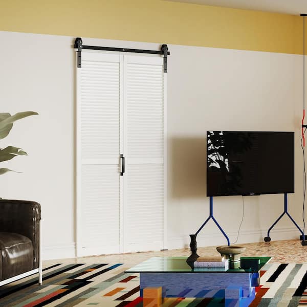 42in x 84in Louvered Panel, White, MDF, Bi-Fold Style, Pre-assembled Panel Sliding Barn Door with Hardware Kit
