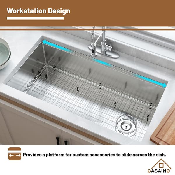 CASAINC 36 in. Undermount Single Bowl 18 Gauge Brushed Stainless Steel Workstation Kitchen Sink with Sliding-Accessories