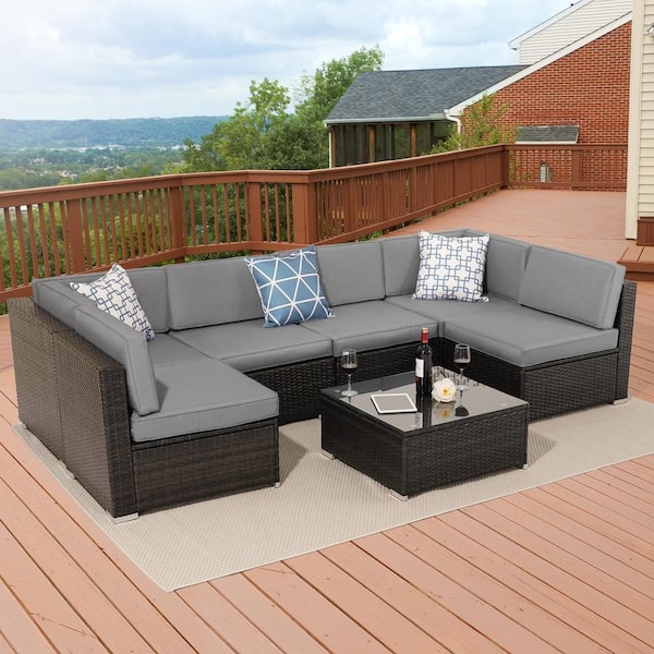 Sonkuki 7-Piece Wicker Patio Conversation Sectional Seating Set with Gray Cushions